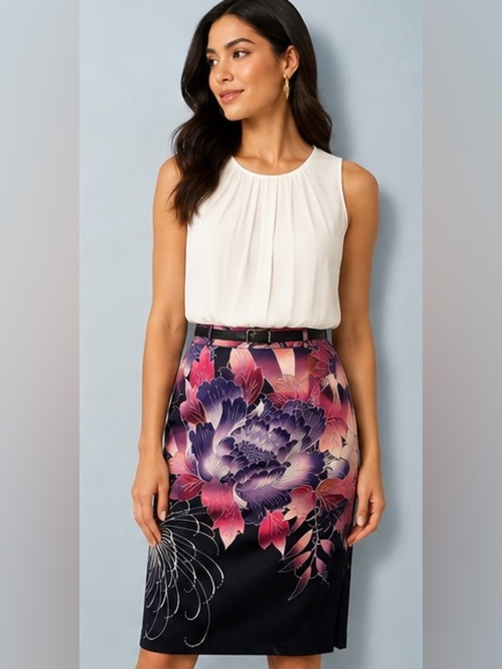 MARCIANO by Guess Floral Satin Pencil Skirt Navy Pink Purple Print Size 0